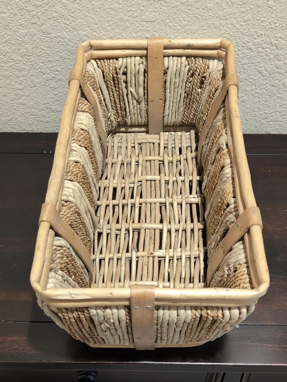 Vintage Mid-Century Handwoven Rectangular Basket - French Style - Bamboo Rattan